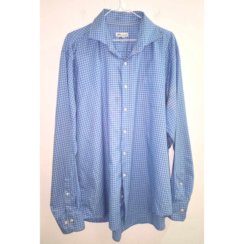 Peter Millar Mens XL Blue Gingham Check 100% Cotton Long Sleeve Button Down